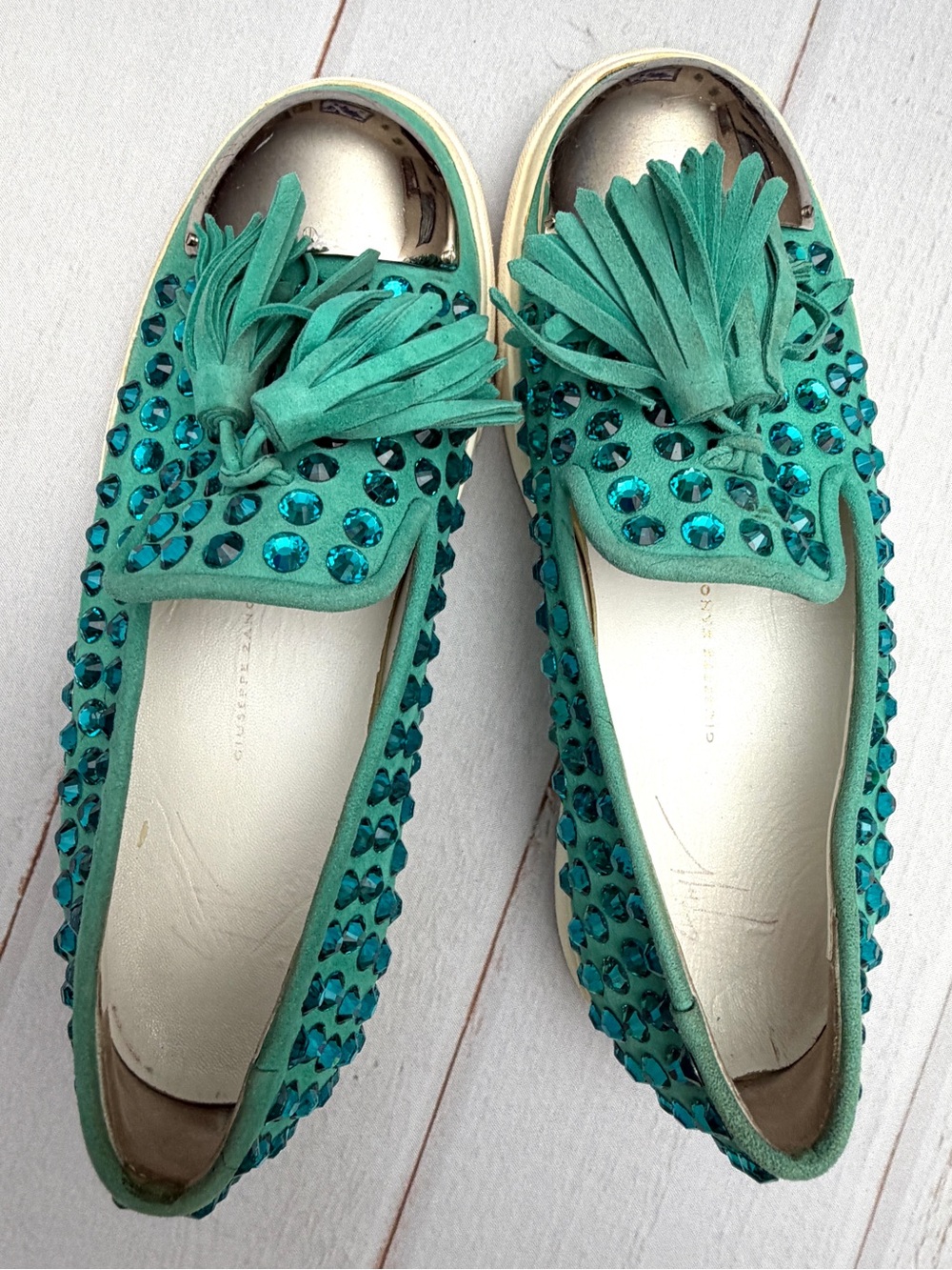 Giuseppe Zanotti Crystal Tassel Loafers Turquoise Suede Size EU 38 (US 8) Italy - Picture 6 of 12